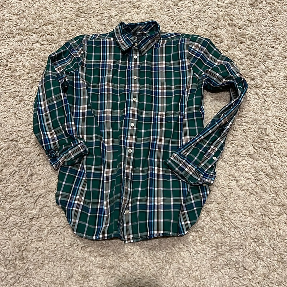 J Crew Women's Plaid Green & Blue Button Down Long Sleeve Shirt
